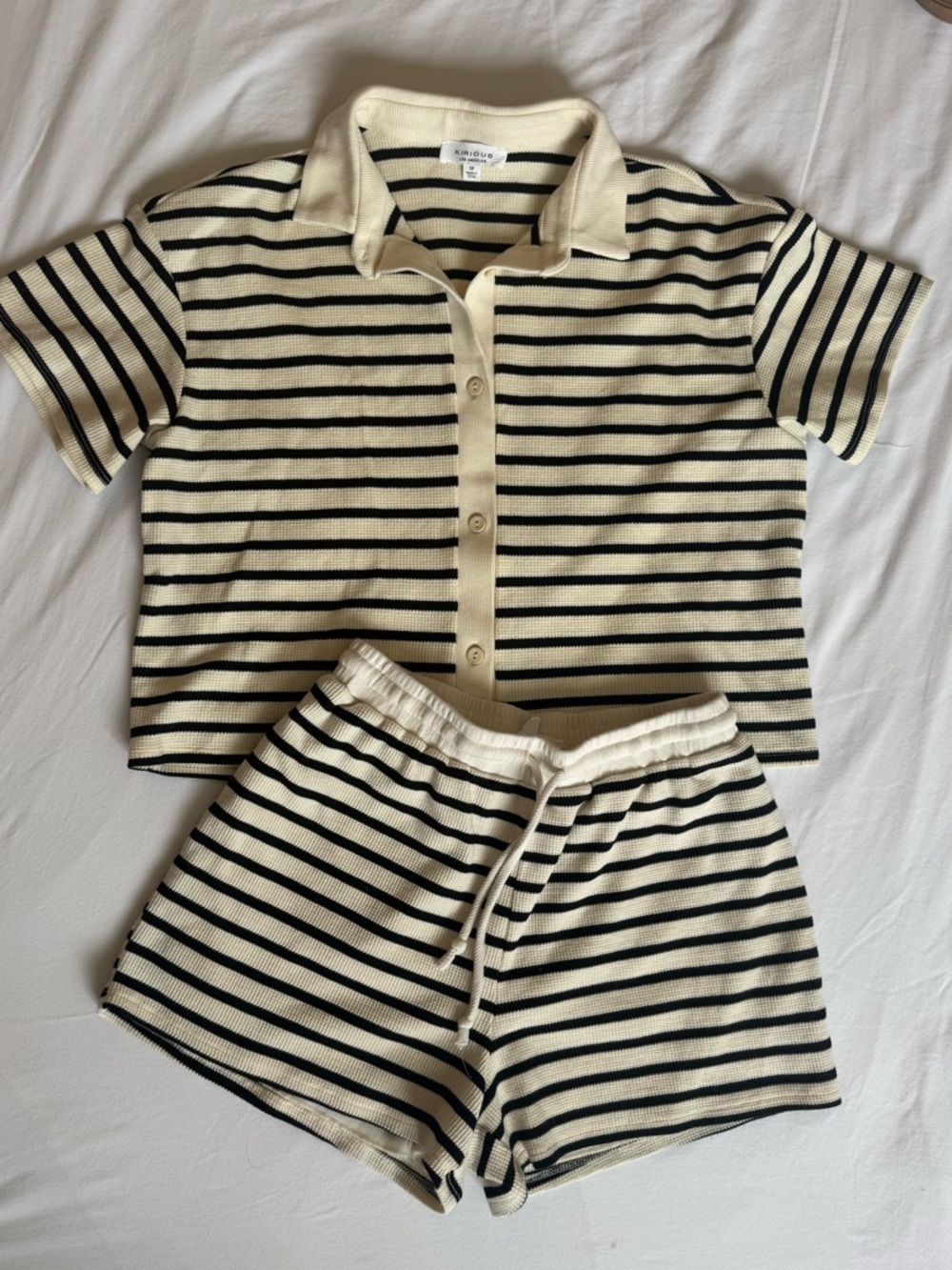 Women’s Striped Button-Up Top & Shorts Set - Cream & Black